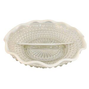 Vintage Hobnail Opalescent Relish Dish Divided Glass Scalloped Serving Bowl